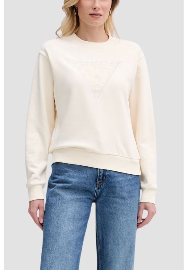 Guess - GUESS Beżowa bluza damska z cyrkoniami Triangle Lace, Rozmiar M. Okazja: na co dzień. Kolor: beżowy. Materiał: jeans, dresówka. Wzór: aplikacja. Styl: elegancki, casual, klasyczny