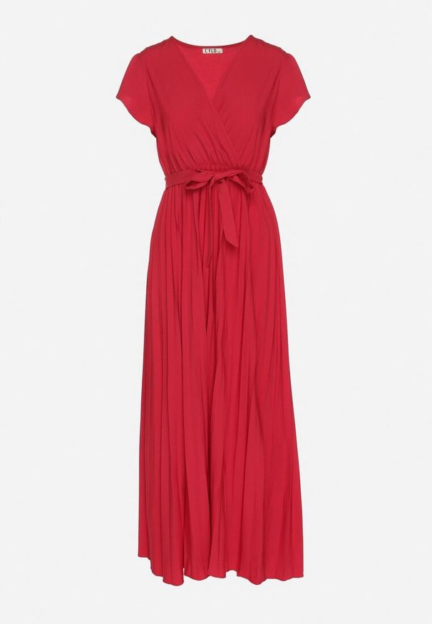 Born2be - Bordowa Elegancka Sukienka Maxi w Plisy z Kopertowym Dekoltem i Wiązaniem Thessi. Kolor: czerwony. Sezon: lato. Typ sukienki: kopertowe. Styl: elegancki. Długość: maxi