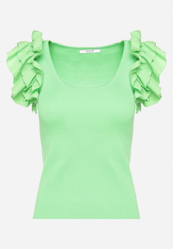 Born2be - Zielony Top z Falbankami przy Ramionach Luciya. Typ kołnierza: kołnierz z falbankami. Kolor: zielony. Materiał: tkanina. Długość rękawa: bez rękawów. Wzór: gładki