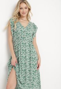 Born2be - Zielona Sukienka Bawełniana z Gumką w Talii i Mozaikowym Wzorem Indaria. Kolor: zielony. Materiał: bawełna #3