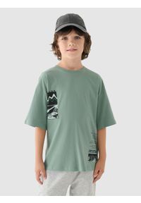 4f - 4F T-shirt z nadrukiem chłopięcy - turkusowy 134 (8-9 lat). Okazja: na co dzień. Kolor: turkusowy. Materiał: bawełna, jersey, dzianina. Długość rękawa: krótki rękaw. Długość: krótkie. Wzór: nadruk. Sezon: lato. Styl: sportowy, klasyczny, casual