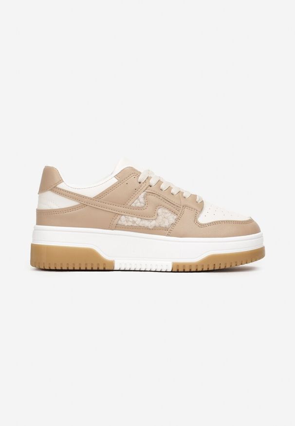 Renee - Ciemnobeżowe Sneakersy z Imitacji Skóry ze Wstawkami z Futerka Vaelisa. Okazja: na co dzień. Kolor: beżowy. Materiał: futro, skóra