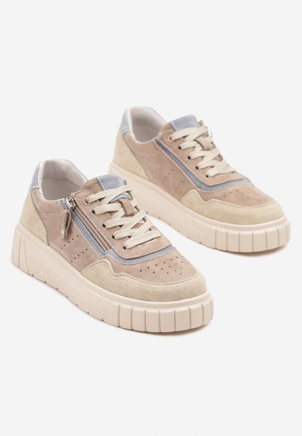 Born2be - Ciemnobeżowe Sneakersy Skórzane z Ozdobnym Suwakiem Tillirella. Okazja: na co dzień. Zapięcie: sznurówki. Kolor: beżowy. Materiał: skóra