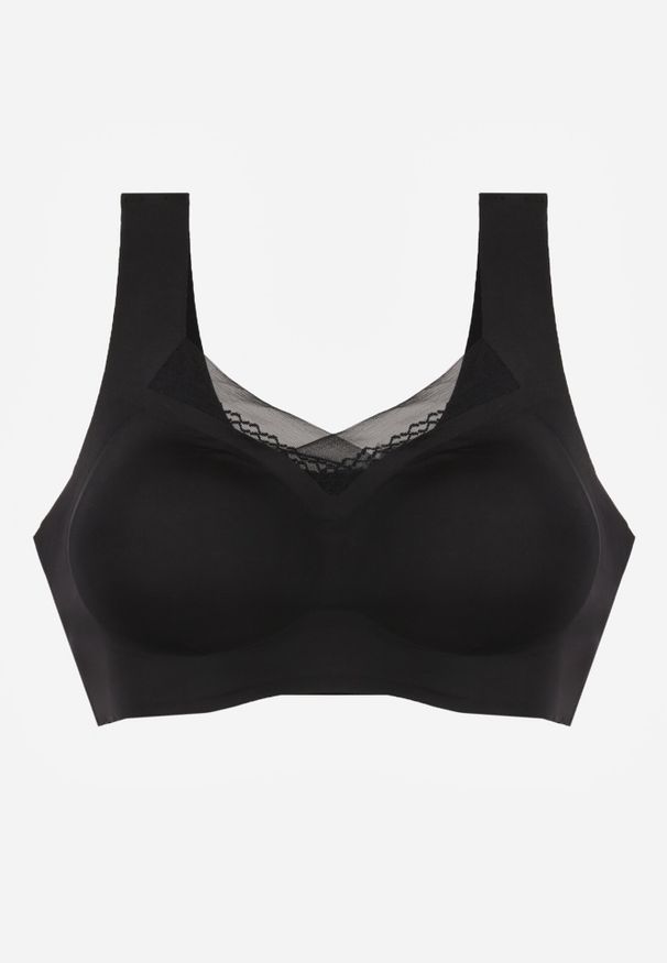 Born2be - Czarny Biustonosz Sportowy z Siateczką i Usztywnionymi Miseczkami Zerirae. Kolor: czarny. Materiał: dresówka. Rodzaj stanika: wyciągane miseczki