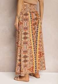Renee - Beżowe Spodnie z Szerokimi Nogawkami Palazzo High Waist z Gumką w Talii Fiesa. Okazja: na co dzień. Stan: podwyższony. Kolor: beżowy. Styl: retro, casual