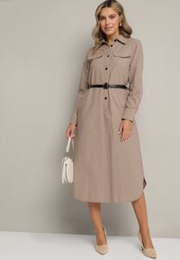 Born2be - Ciemnobeżowa Koszulowa Sukienka na Guziki z Paskiem i Imitacją Kieszeni Tintarra. Kolor: beżowy. Typ sukienki: koszulowe. Styl: elegancki, sportowy, klasyczny #3