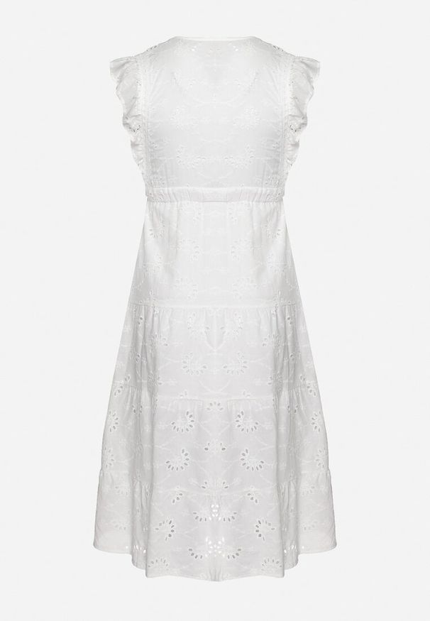 Born2be - Biała Ażurowa Sukienka z Falbanką o Rozkloszowanym Kroju Lirvolia. Okazja: na co dzień, na imprezę. Kolor: biały. Długość rękawa: krótki rękaw. Wzór: ażurowy. Sezon: lato. Typ sukienki: rozkloszowane. Styl: casual