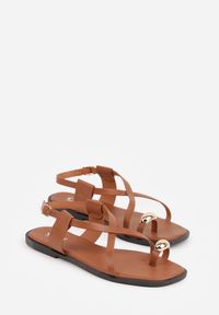 Renee - Brązowe Sandały Typu Japonki Ozdobione Metaliczną Aplikacją Grynyra. Kolor: brązowy. Wzór: aplikacja. Sezon: lato #3