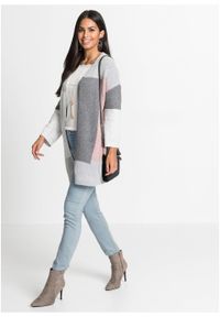 Długi sweter bez zapięcia "colorblocking" bonprix szaro-jasnoróżowy wzorzysty. Kolor: szary. Długość: długie. Wzór: aplikacja #4