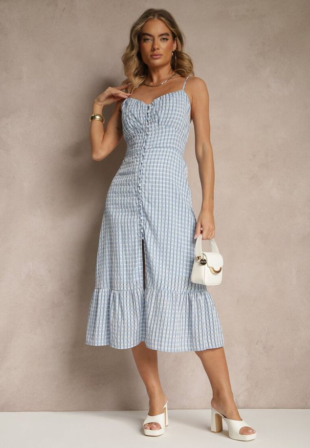 Renee - Niebieska Rozkloszowana Sukienka z Wiskozą na Cienkich Ramiączkach z Guzikami Efrisela. Okazja: na spacer. Kolor: niebieski. Materiał: wiskoza. Długość rękawa: na ramiączkach. Styl: elegancki