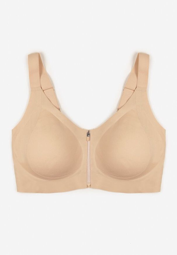 Born2be - Jasnobeżowy Sportowy Biustonosz z Suwakiem z Przodu Eziline. Kolekcja: plus size. Kolor: beżowy. Rodzaj stanika: wyciągane miseczki