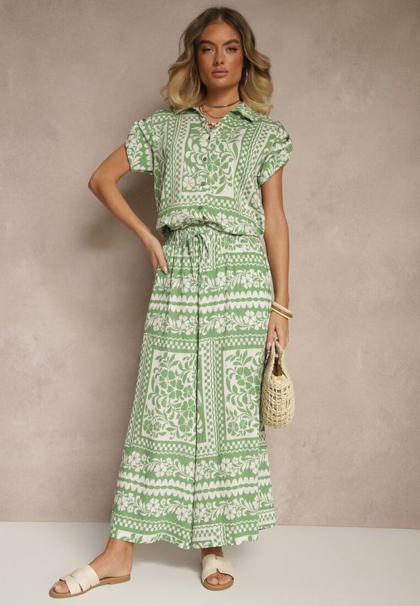 Renee - Jasnozielony Komplet z Wiskozą w Kwiatowy Wzór Koszula i Spodnie Sonelienna. Kolor: zielony. Materiał: wiskoza. Wzór: kwiaty