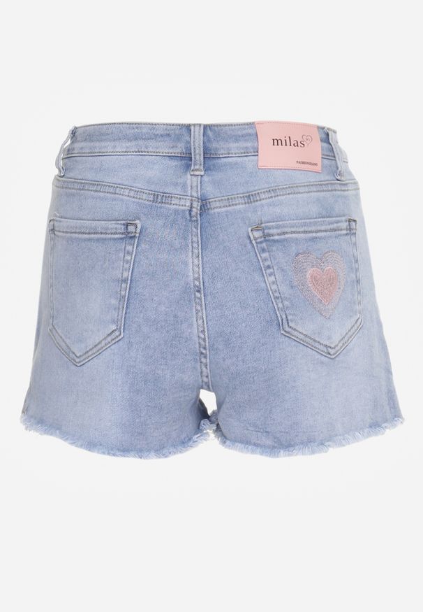 Renee - Niebieskie Casualowe Szorty Jeansowe High Waist Ozdobione Guzikami Leviana. Okazja: na co dzień. Stan: podwyższony. Kolor: niebieski. Materiał: jeans. Długość: krótkie. Wzór: aplikacja. Sezon: lato. Styl: casual