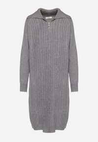 Born2be - Szara Sukienka z Bawełną i Wełną z Kołnierzykiem na Suwak Tereithra. Okazja: na co dzień, na spotkanie biznesowe. Kolor: szary. Materiał: wełna, bawełna. Typ sukienki: proste. Styl: wizytowy, casual, elegancki, biznesowy #2