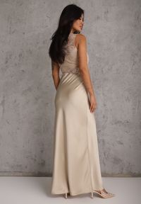 Renee - Beżowa Dopasowana Sukienka Wieczorowa z Koronkowymi Zdobieniami Bermina. Kolor: beżowy. Materiał: koronka. Wzór: aplikacja. Styl: wizytowy #6