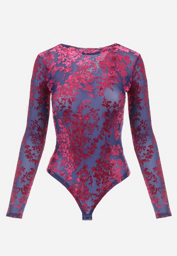Born2be - Granatowo-Fioletowe Body z Welurowym Wzorem w Kwiaty Zevira. Okazja: na co dzień. Kolor: niebieski. Materiał: welur. Długość rękawa: długi rękaw. Długość: długie. Wzór: kwiaty. Styl: casual