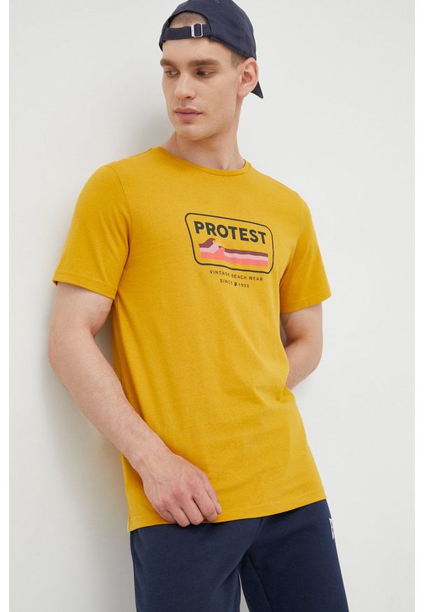 Protest t-shirt bawełniany kolor żółty z nadrukiem. Kolor: żółty. Materiał: bawełna. Wzór: nadruk