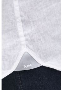Michael Kors koszula lniana męska kolor biały slim z kołnierzykiem włoskim. Typ kołnierza: kołnierzyk włoski. Kolor: biały. Materiał: len. Wzór: aplikacja #3