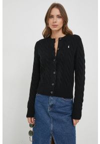 Polo Ralph Lauren kardigan wełniany kolor czarny. Typ kołnierza: polo. Kolor: czarny. Materiał: wełna. Długość rękawa: długi rękaw. Długość: długie. Wzór: ze splotem