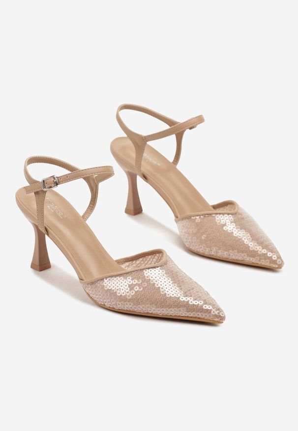 Born2be - Beżowe Sandały na Szpilce Ozdobione Cekinami Ulanilia. Zapięcie: sprzączka. Kolor: beżowy. Wzór: aplikacja. Obcas: na szpilce. Styl: elegancki, wizytowy