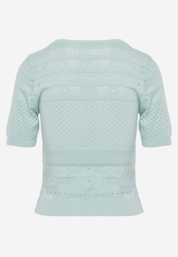 Renee - Miętowa Klasyczna Bluzka w Ażurowy Wzór Lidakra. Okazja: na co dzień. Kolor: miętowy. Materiał: jeans. Długość rękawa: krótki rękaw. Długość: krótkie. Wzór: ażurowy. Styl: klasyczny