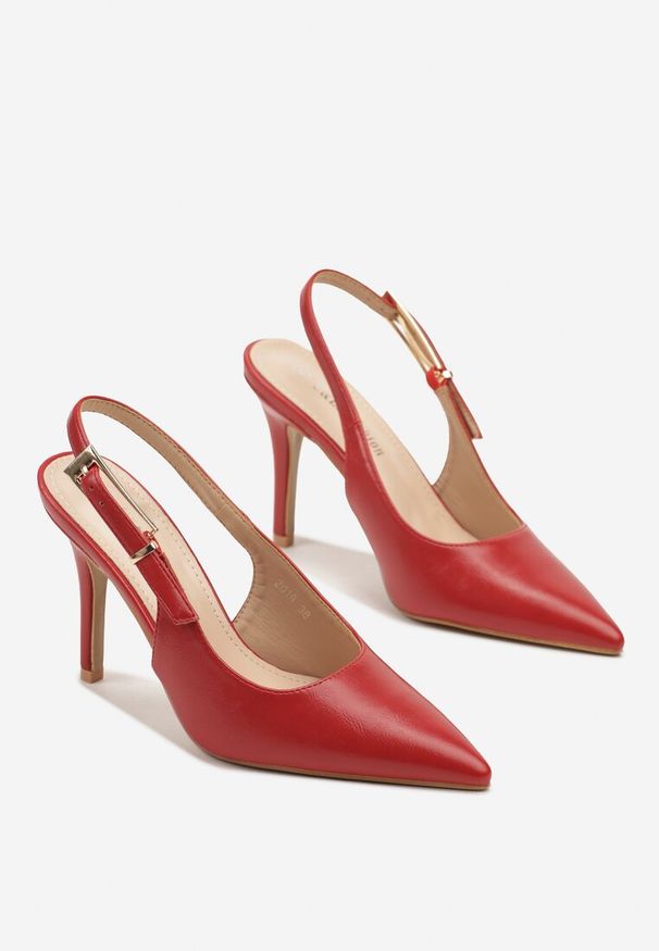 Renee - Czerwone Sandały na Szpilce Slingback ze Szpiczastym Noskiem Stellani. Okazja: na co dzień. Nosek buta: szpiczasty. Kolor: czerwony. Materiał: jeans. Obcas: na szpilce. Styl: elegancki, casual, klasyczny. Wysokość obcasa: średni