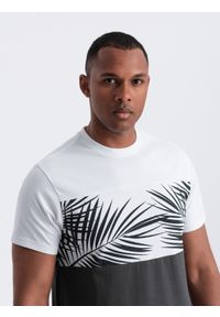 Ombre Clothing - T-shirt meski dwukolorowy z nadrukiem w liście palmy - grafitowy V2. Kolor: szary. Materiał: bawełna, jersey, dzianina. Wzór: nadruk. Sezon: lato. Styl: wakacyjny