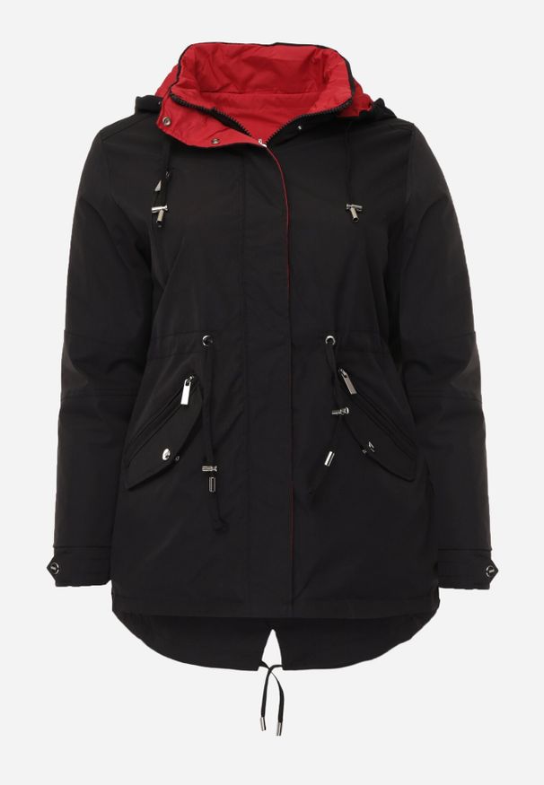 Born2be - Czarno-Czerwona Dwustronna Kurtka Przejściowa w Stylu Parki z Kapturem Tidala. Okazja: na co dzień. Typ kołnierza: kaptur. Kolekcja: plus size. Kolor: czarny. Materiał: poliester, jeans, materiał. Wzór: aplikacja. Styl: casual, klasyczny