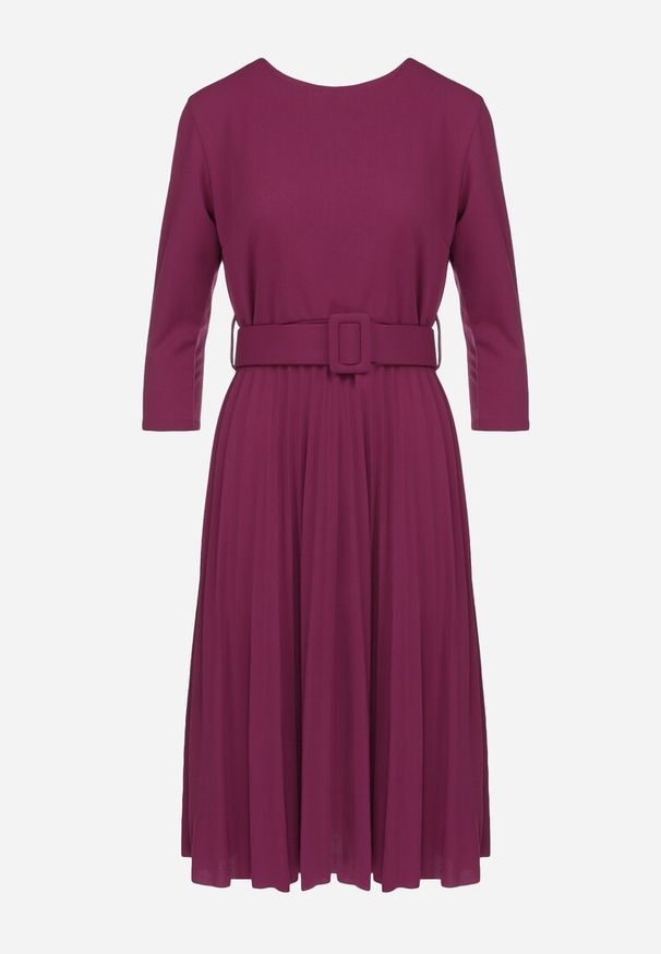 Born2be - Fioletowa Sukienka Plisowana z Paskiem Gonnge. Okazja: na imprezę, na co dzień. Kolor: fioletowy. Typ sukienki: dopasowane, proste. Styl: klasyczny, casual, elegancki