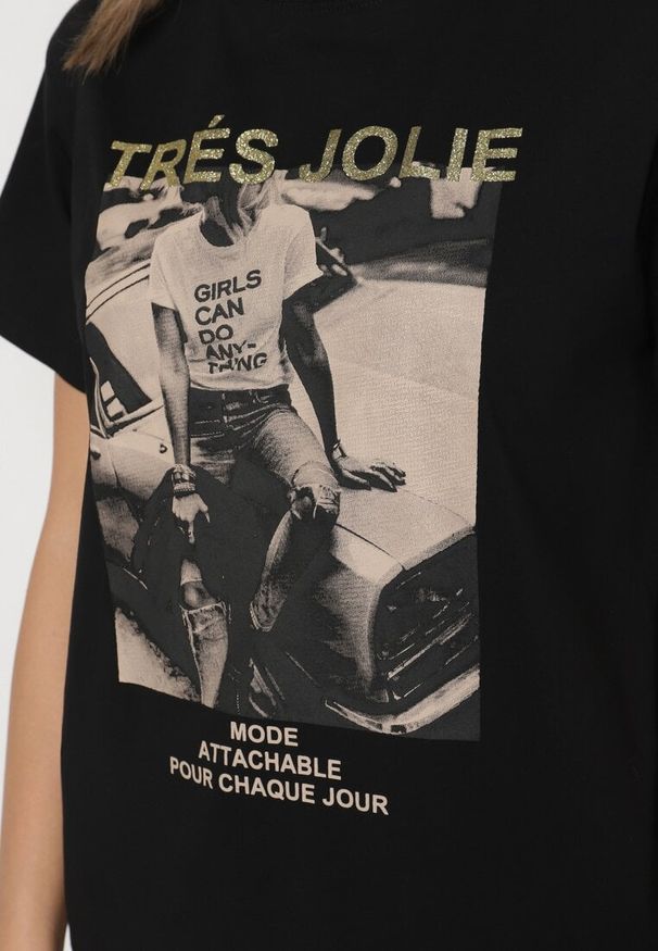 Born2be - Czarny T-shirt z Bawełny Ozdobiony Nadrukiem i Brokatem Marionel. Okazja: na co dzień. Kolor: czarny. Materiał: bawełna. Wzór: nadruk, aplikacja. Styl: elegancki, casual, klasyczny