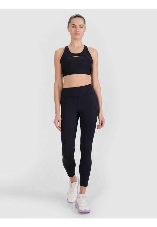 4f - 4F Legginsy treningowe z wysokim stanem damskie - czarne XS. Stan: podwyższony. Kolor: czarny. Materiał: dzianina, materiał, syntetyk, włókno, elastan. Wzór: ze splotem. Sport: fitness