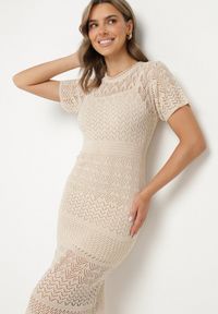 Born2be - Beżowa Ażurowa Sukienka z Wiskozą Zoriena. Okazja: na co dzień. Kolor: beżowy. Materiał: wiskoza. Długość rękawa: na ramiączkach. Wzór: ażurowy. Typ sukienki: proste. Styl: casual, elegancki, boho #3