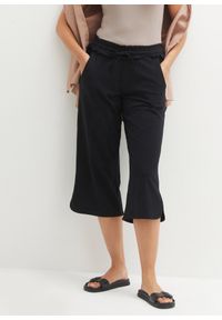 bonprix - Szerokie spodnie culotte z dżerseju z wygodnym paskiem, dł. 3/4. Kolor: czarny. Materiał: jersey. Styl: elegancki #1
