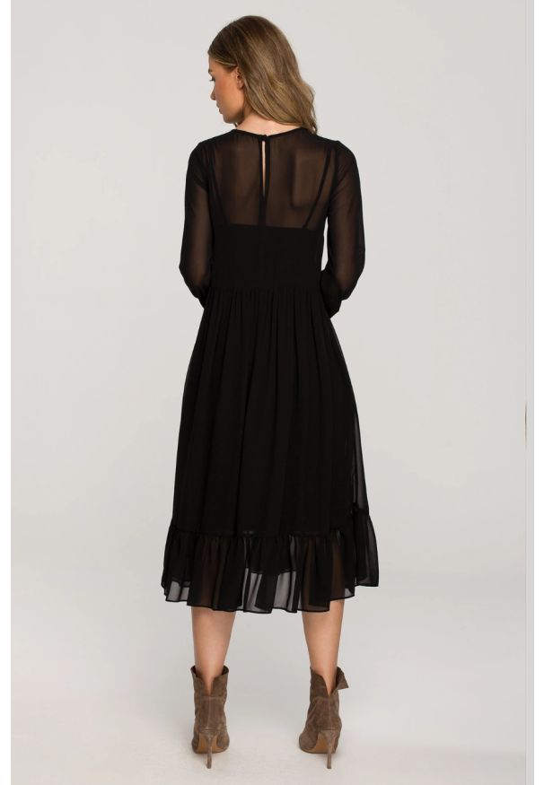Stylove - Sukienka wieczorowa szyfonowa rozkloszowana z falbaną czarna. Okazja: na randkę. Kolor: czarny. Materiał: szyfon. Styl: wizytowy. Długość: maxi
