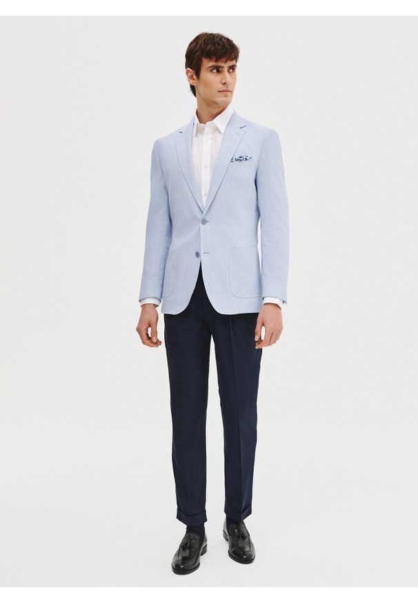 Pako Lorente - PAKO LORENTE - Niebieska marynarka męska z lnu. Kolor: niebieski. Materiał: len. Wzór: gładki. Sezon: wiosna