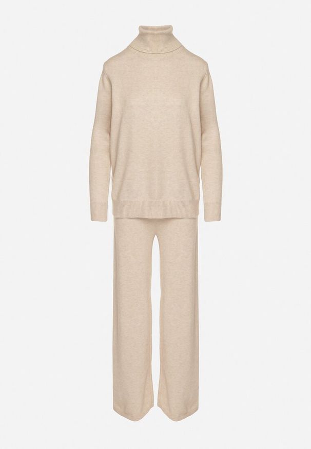 Born2be - Jasnobeżowy Dzianinowy Komplet z Wełną i Bawełną Spodnie i Sweter z Golfem Errele. Kolor: beżowy. Materiał: dzianina, wełna, bawełna. Sport: golf