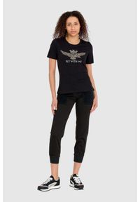 Aeronautica Militare - AERONAUTICA MILITARE Czarny t-shirt damski z orłem wykonanym z dżetów. Kolor: czarny. Materiał: bawełna