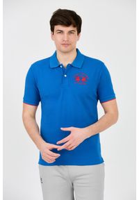 La Martina - LA MARTINA Niebieskie męskie polo z dużym logo, Rozmiar M. Typ kołnierza: polo. Kolor: niebieski
