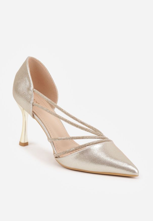 Born2be - Złote Eleganckie Szpilki VICES Zdobione Paskami z Cyrkoniami Thalasura. Okazja: na ślub cywilny, na wesele. Zapięcie: pasek. Kolor: złoty. Wzór: aplikacja. Obcas: na szpilce. Styl: elegancki