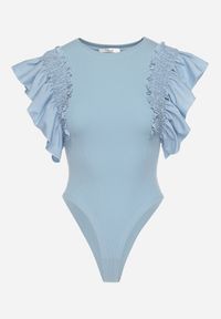 Born2be - Niebieskie Bawełniane Body z Rękawami z Falbanek Zapinane na Napy Gilines. Okazja: na co dzień. Typ kołnierza: kołnierz z falbankami. Kolor: niebieski. Materiał: bawełna. Długość rękawa: krótki rękaw. Długość: krótkie. Styl: elegancki, casual