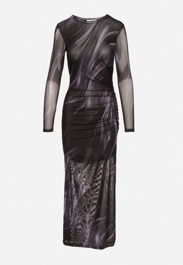 Born2be - Czarno-Szara Siateczkowa Sukienka z Wiskozą o Dopasowanym Kroju z Marszczeniem Naliraet. Kolor: czarny. Materiał: wiskoza. Długość rękawa: długi rękaw. Styl: klasyczny, elegancki