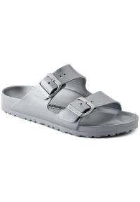Birkenstock Arizona EVA Metallic Silver Klapki damskie. Okazja: na spacer, na plażę. Kolor: szary. Materiał: materiał. Wzór: paski. Sezon: lato. Styl: elegancki