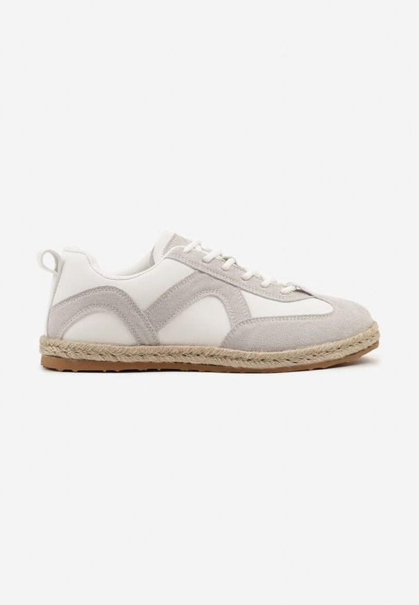 Renee - Biało-Szare Sneakersy Kultowe Tenisówki z Podeszwą Zdobioną Plecionką Zarorella. Okazja: na co dzień. Kolor: biały. Materiał: jeans. Wzór: aplikacja