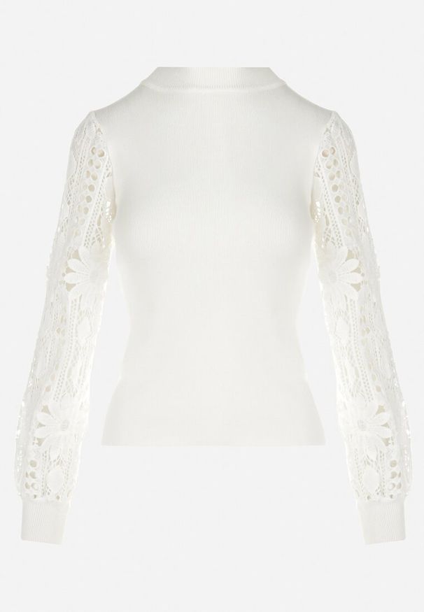 Born2be - Biały Sweter z Bufiastym i Koronkowym Rękawem Kephia. Kolor: biały. Materiał: koronka. Długość: długie. Wzór: koronka, jednolity. Styl: elegancki