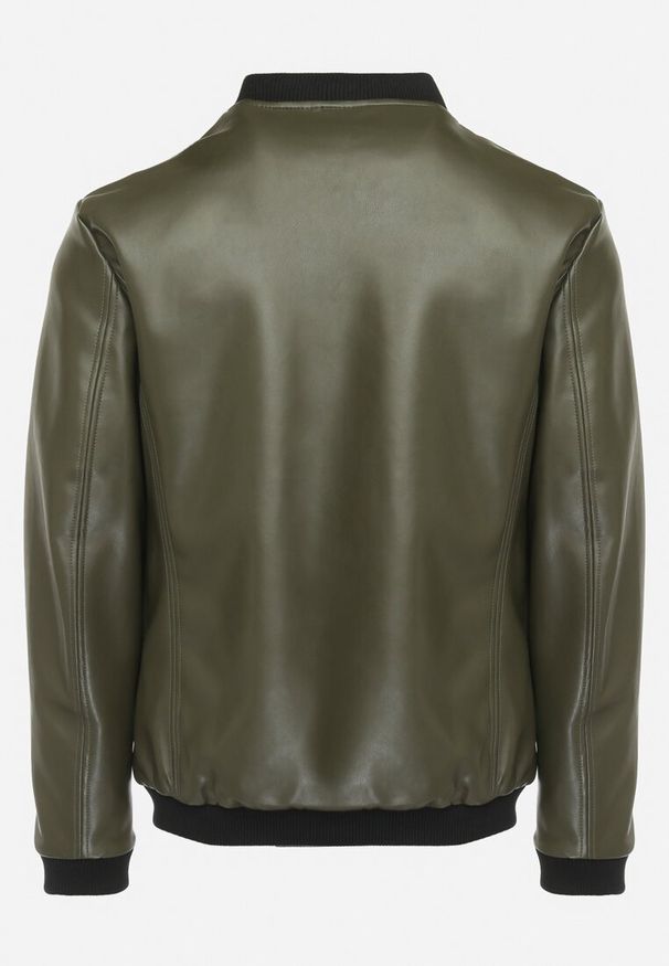 Born2be - Ciemnozielona Kurtka Bomberka z Imitacji Skóry i Zasuwanymi Kieszeniami Rihella. Kolor: zielony. Materiał: skóra. Styl: elegancki, klasyczny