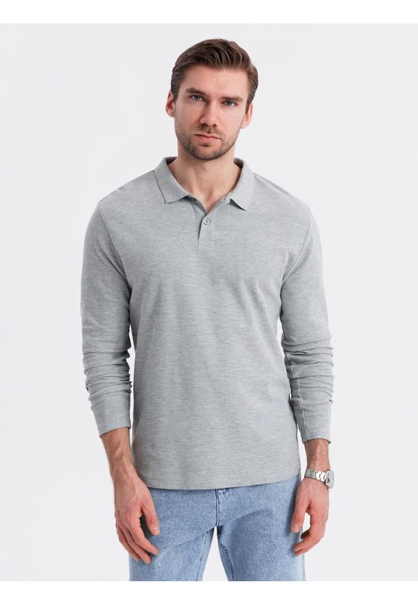 Ombre Clothing - Męski longsleeve z kołnierzykiem polo BASIC – szary melanż V4. Okazja: do pracy, na co dzień. Typ kołnierza: polo. Kolor: szary. Materiał: bawełna, dzianina. Długość rękawa: długi rękaw. Wzór: melanż. Styl: casual, elegancki