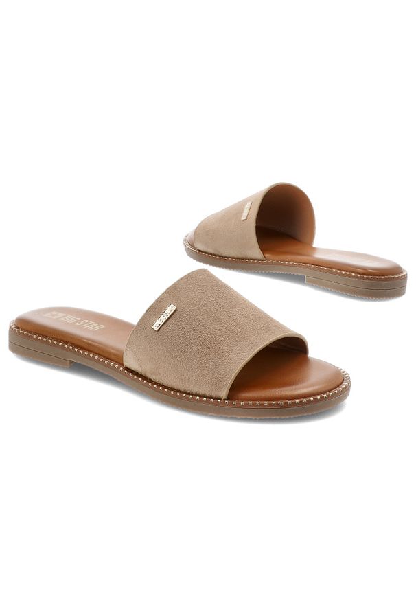 Big-Star - Beżowe Klapki Big Star Modne Wsuwane Obuwie Damskie. Okazja: na co dzień. Kolor: beżowy. Wzór: aplikacja. Sezon: lato. Styl: klasyczny, casual, wakacyjny, elegancki