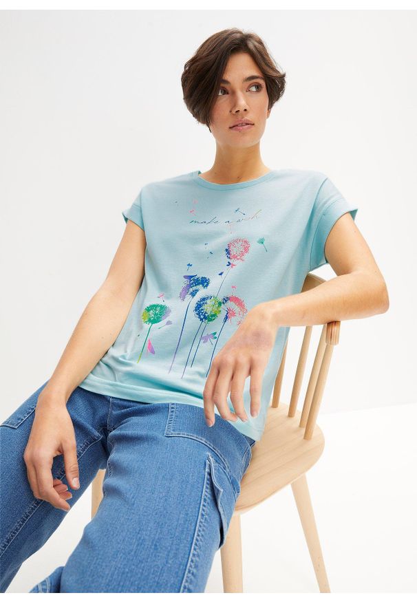 bonprix - Shirt w dmuchawce. Kolor: niebieski. Wzór: kolorowy, nadruk, aplikacja. Sezon: lato