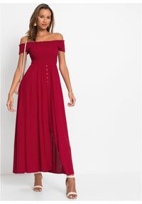 bonprix - Sukienka z przeszyciem cienkimi gumkami. Typ kołnierza: typu carmen. Kolor: czerwony. Styl: elegancki
