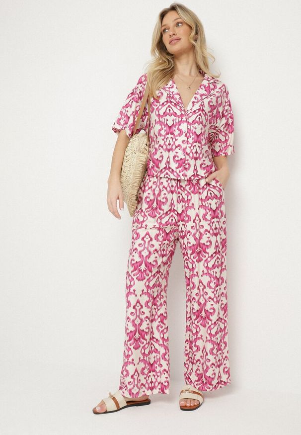Born2be - Różowy Komplet z Wiskozy w Ornamentalny Wzór Koszula i Spodnie Evialirae. Kolor: różowy. Materiał: wiskoza